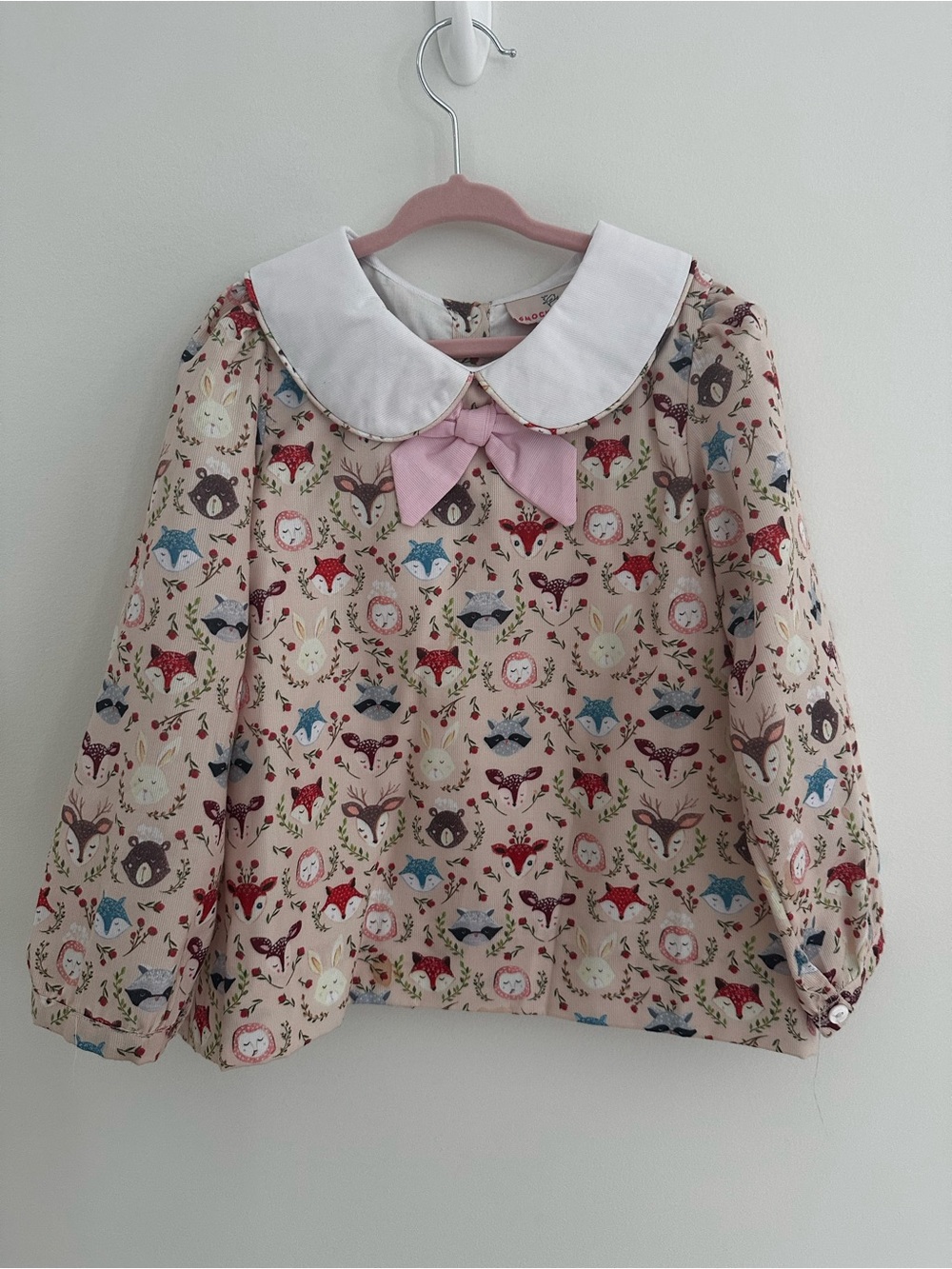Smockingbird Girls Woodland Animal Print Peter Pan Collar Top with Pink Bow